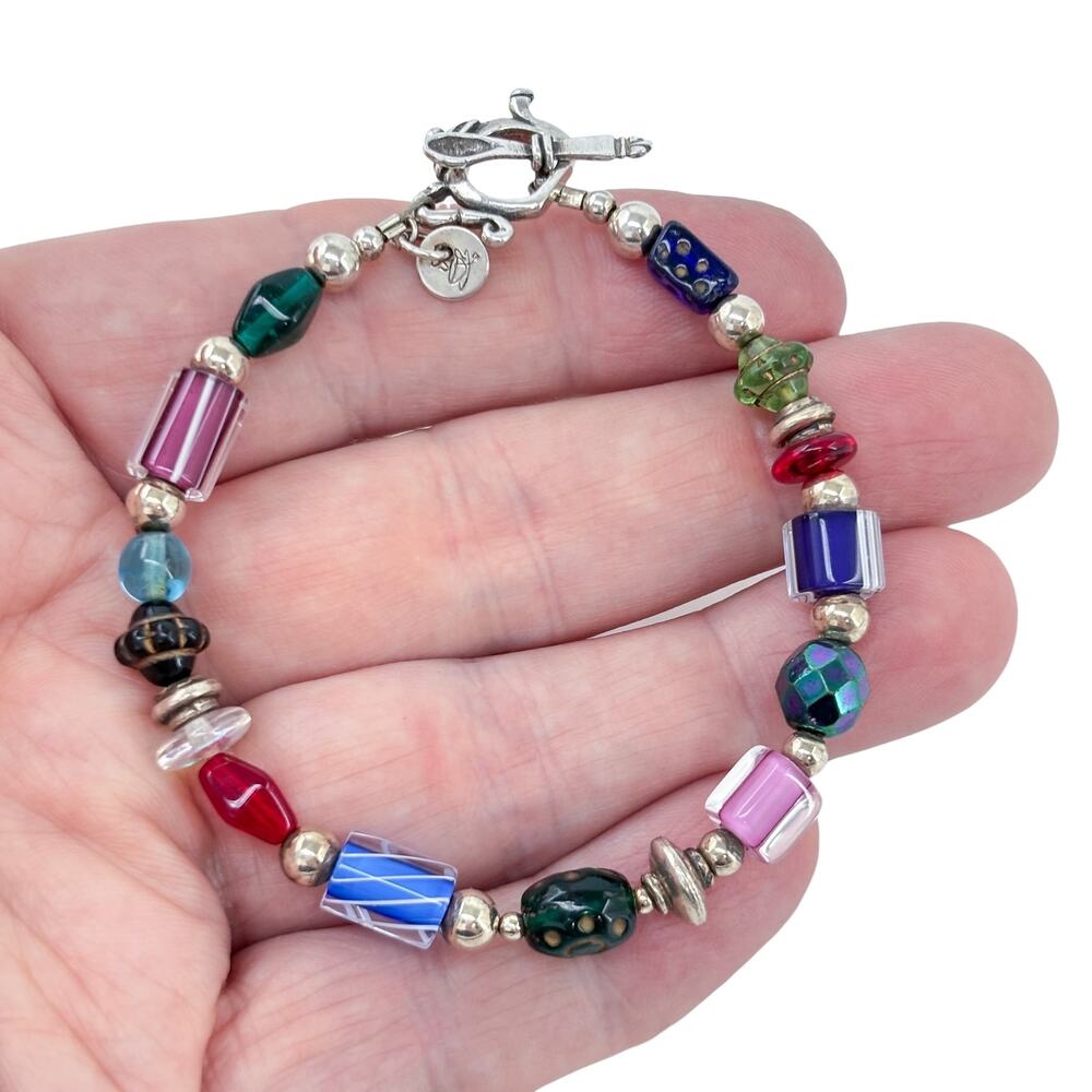 Vintage Sterling Silver 925 Multi Glass Bead Teapot Spoon Clasp Bracelet 7.5"